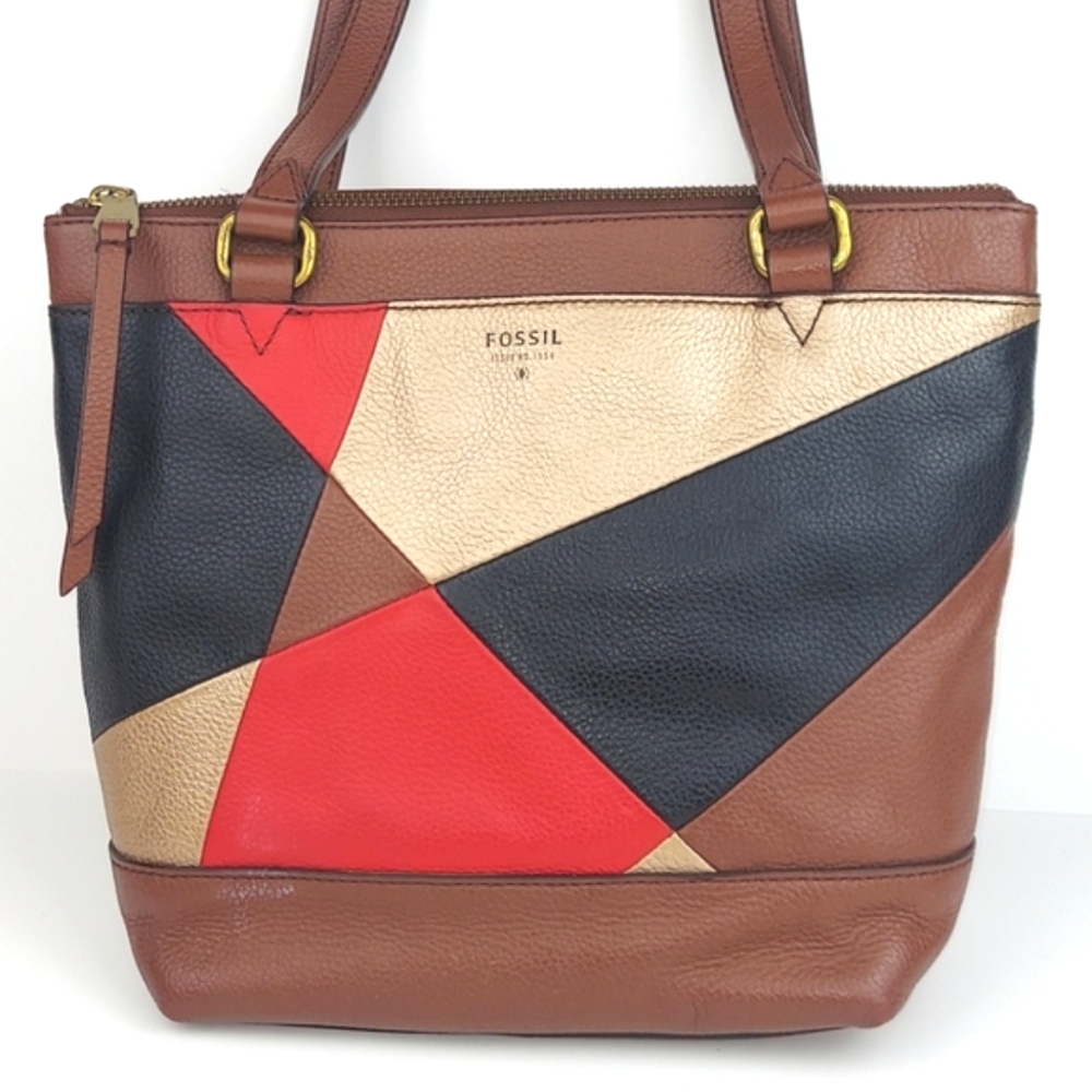 Fossil Patchwork Brown Leather Tote - image 2